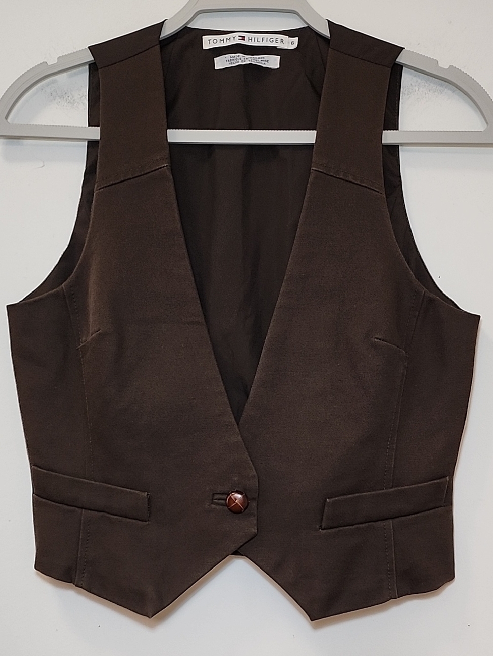 Tommy Hilfiger Y2K Chocolate tailored vest V-neckline pockets single button Sz 6 - Picture 4 of 16